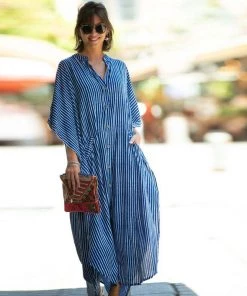 Trendy & Unique Casual Striped High Neck Batwing Sleeve Maxi Cover Up - Stripe What's New