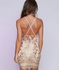Trendy & Unique What's New Stunning Floral Embroidered Halter Neck Backless Mini Dress - Apricot