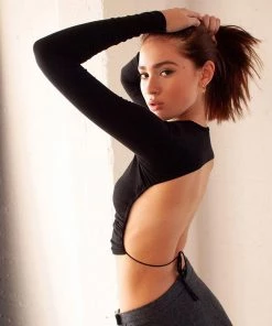 Trendy & Unique Stylish Backless Drawstring Tie Long Sleeve Crop T-Shirt - Black What's New