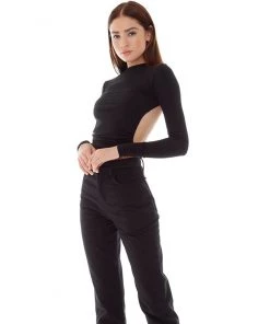 Trendy & Unique Stylish Backless Drawstring Tie Long Sleeve Crop T-Shirt - Black What's New