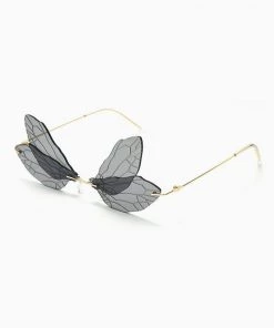 Trendy & Unique Accessories Iconic Look Colored Dragonfly Wings Rimless Sunglasses - Black