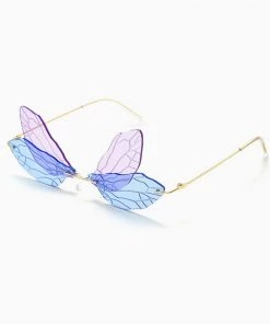 Trendy & Unique Iconic Look Colored Dragonfly Wings Rimless Sunglasses - Blue