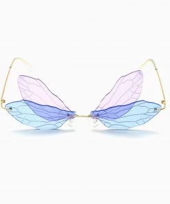 Trendy & Unique Iconic Look Colored Dragonfly Wings Rimless Sunglasses - Blue