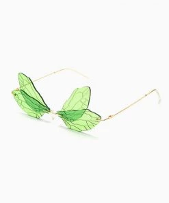 Trendy & Unique Iconic Look Colored Dragonfly Wings Rimless Sunglasses - Green