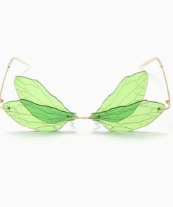 Trendy & Unique Iconic Look Colored Dragonfly Wings Rimless Sunglasses - Green