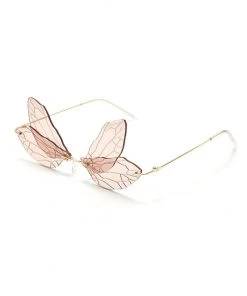 Trendy & Unique Iconic Look Colored Dragonfly Wings Rimless Sunglasses - Pink Accessories