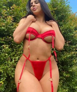 Trendy & Unique Sultry Heart Garter Thong Cutout Underwire Satin Bra Set - Red