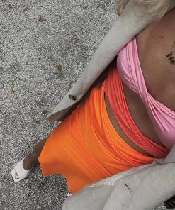 Trendy & Unique Summery Color Block Cutout Strapless Midi Dress - Burnt Orange What's New