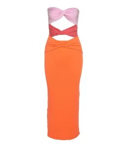 Trendy & Unique Summery Color Block Cutout Strapless Midi Dress - Burnt Orange What's New