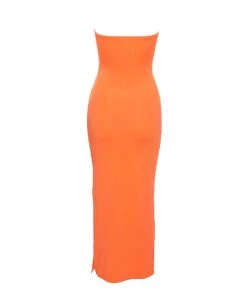 Trendy & Unique Summery Color Block Cutout Strapless Midi Dress - Burnt Orange What's New