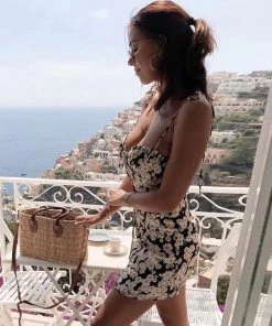 Trendy & Unique What's New Summery Daisy Floral Ruched Tied Strap Slip Mini Dress - Black