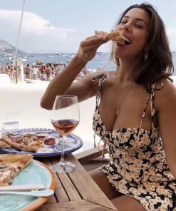 Trendy & Unique What's New Summery Daisy Floral Ruched Tied Strap Slip Mini Dress - Black