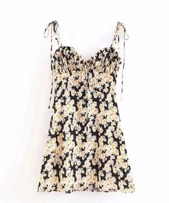Trendy & Unique What's New Summery Daisy Floral Ruched Tied Strap Slip Mini Dress - Black