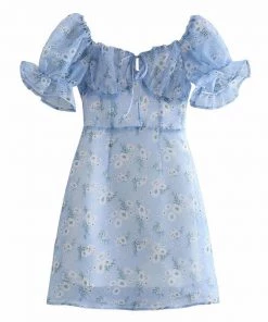 Trendy & Unique What's New Summery Daisy Tied Bustier Puff Sleeve Bodycon Mini Dress - Blue