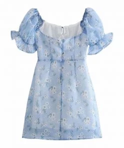 Trendy & Unique What's New Summery Daisy Tied Bustier Puff Sleeve Bodycon Mini Dress - Blue