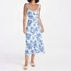 Trendy & Unique Summery Ruffle Trim Floral Printed Tie Strap Midi Sundress - Blue