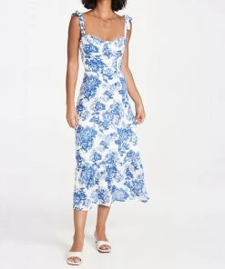 Trendy & Unique Summery Ruffle Trim Floral Printed Tie Strap Midi Sundress - Blue