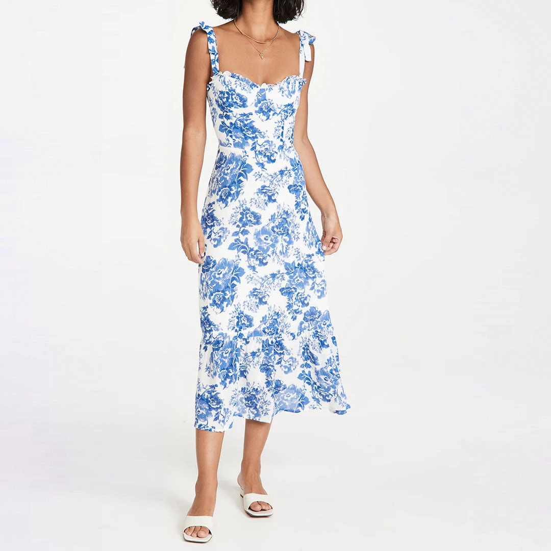 Trendy & Unique Summery Ruffle Trim Floral Printed Tie Strap Midi Sundress - Blue 3 Trendy & Unique Summery Ruffle Trim Floral Printed Tie Strap Midi Sundress - Blue