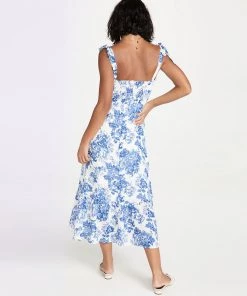 Trendy & Unique Summery Ruffle Trim Floral Printed Tie Strap Midi Sundress - Blue 7 Trendy & Unique Summery Ruffle Trim Floral Printed Tie Strap Midi Sundress - Blue