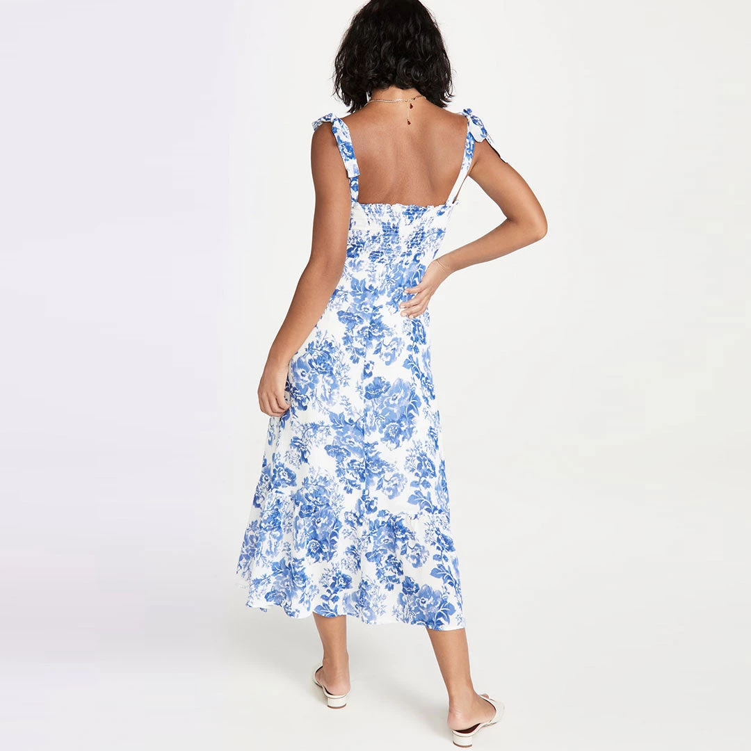 Trendy & Unique Summery Ruffle Trim Floral Printed Tie Strap Midi Sundress - Blue 5 Trendy & Unique Summery Ruffle Trim Floral Printed Tie Strap Midi Sundress - Blue