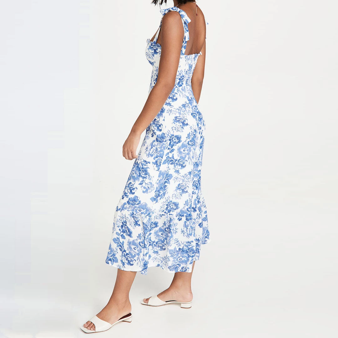 Trendy & Unique Summery Ruffle Trim Floral Printed Tie Strap Midi Sundress - Blue 4 Trendy & Unique Summery Ruffle Trim Floral Printed Tie Strap Midi Sundress - Blue