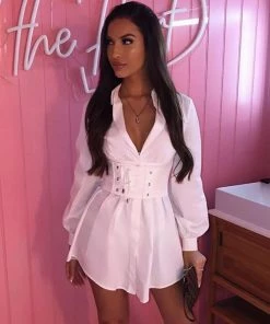 Trendy & Unique Sweet Belted Long Sleeve Button Down Mini Shirt Dress - White