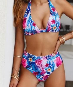 Trendy & Unique Sweet Floral Printed High Waist Sliding Triangle Bikini Set - Blue What's New
