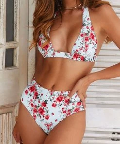 Trendy & Unique Sweet Floral Printed High Waist Sliding Triangle Bikini Set - White What's New