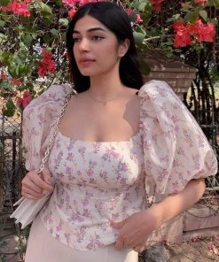 Trendy & Unique What's New Sweet Lace Up Backless Floral Printed Puff Sleeve Crop Top - Beige