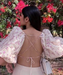 Trendy & Unique What's New Sweet Lace Up Backless Floral Printed Puff Sleeve Crop Top - Beige