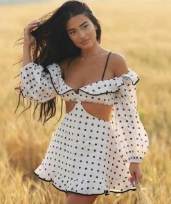 Trendy & Unique Sweet Polk Dot Ruffle Cut Out Long Sleeve Mini Sundress - White
