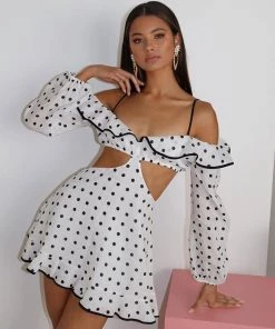 Trendy & Unique Sweet Polk Dot Ruffle Cut Out Long Sleeve Mini Sundress - White 7 Trendy & Unique Sweet Polk Dot Ruffle Cut Out Long Sleeve Mini Sundress - White