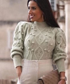 Trendy & Unique What's New Sweet Pom-Pom Long Sleeve High Neck Pullover Sweater - Green