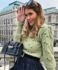 Trendy & Unique What's New Sweet Pom-Pom Long Sleeve High Neck Pullover Sweater - Green