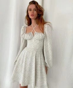 Trendy & Unique Sweet Puff Sleeve Tied Bustier Printed Skater Mini Dress - Green What's New