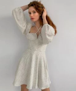 Trendy & Unique Sweet Puff Sleeve Tied Bustier Printed Skater Mini Dress - Green What's New