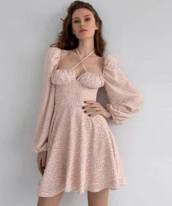 Trendy & Unique Sweet Puff Sleeve Tied Bustier Printed Skater Mini Dress - Pink