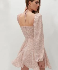 Trendy & Unique Sweet Puff Sleeve Tied Bustier Printed Skater Mini Dress - Pink