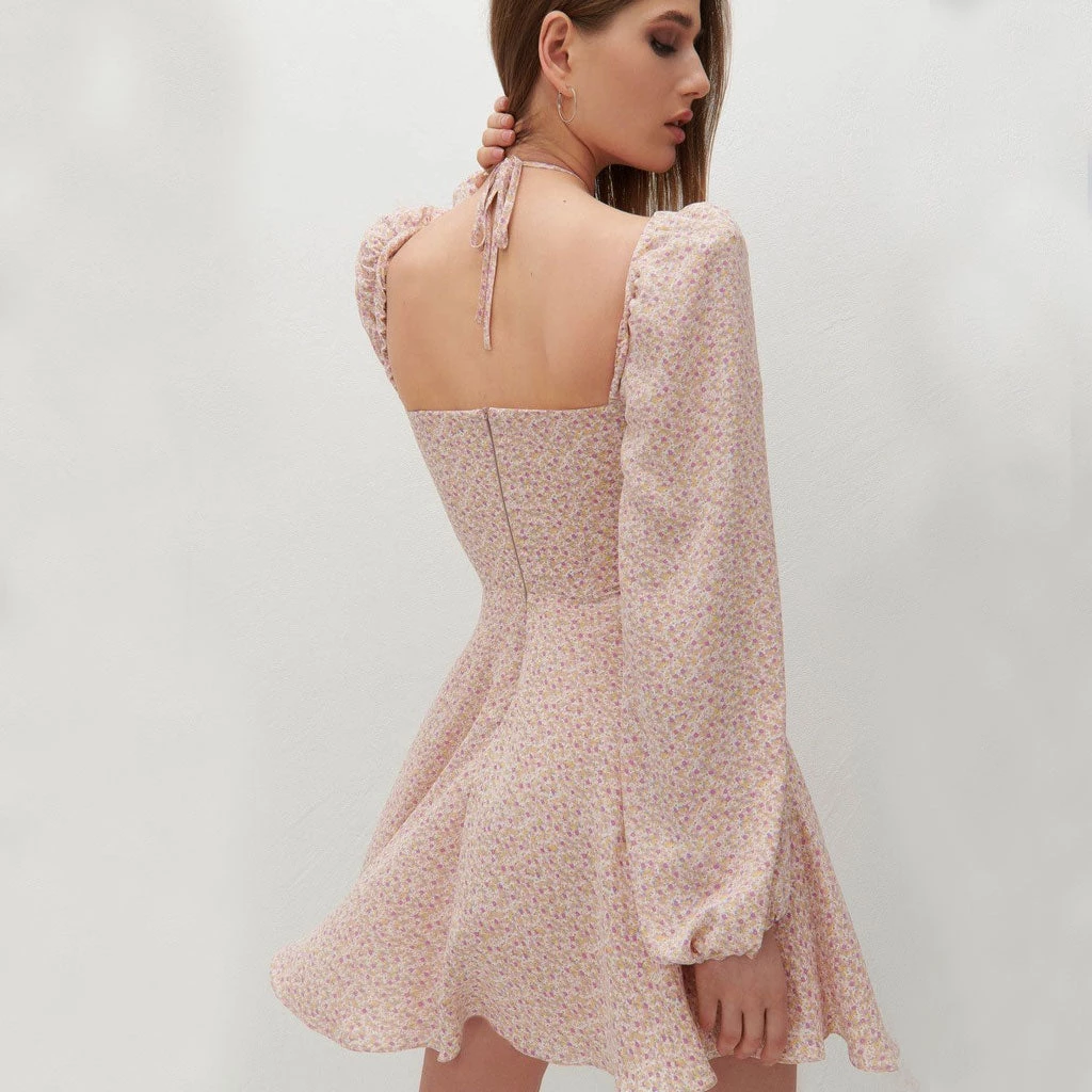 Trendy & Unique Sweet Puff Sleeve Tied Bustier Printed Skater Mini Dress - Pink 4 Trendy & Unique Sweet Puff Sleeve Tied Bustier Printed Skater Mini Dress - Pink