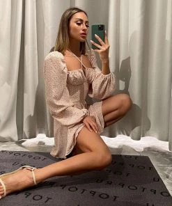 Trendy & Unique Sweet Puff Sleeve Tied Bustier Printed Skater Mini Dress - Pink 7 Trendy & Unique Sweet Puff Sleeve Tied Bustier Printed Skater Mini Dress - Pink