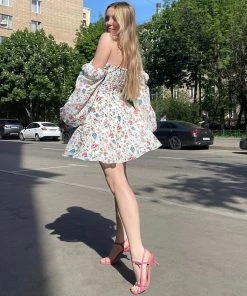 Trendy & Unique Sweet Puff Sleeve Tied Bustier Printed Skater Mini Dress - White What's New