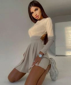 Trendy & Unique Sweet Rib Knit Cut Out Back Long Sleeve Skater Mini Dress - Apricot