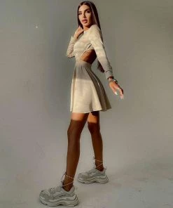 Trendy & Unique Sweet Rib Knit Cut Out Back Long Sleeve Skater Mini Dress - Apricot