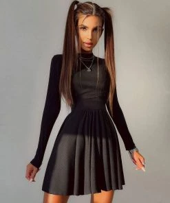 Trendy & Unique What's New Sweet Rib Knit Cut Out Back Long Sleeve Skater Mini Dress - Black
