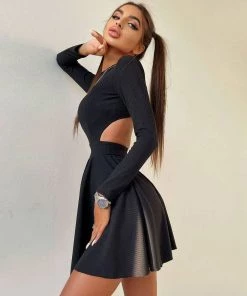 Trendy & Unique What's New Sweet Rib Knit Cut Out Back Long Sleeve Skater Mini Dress - Black