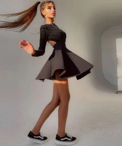 Trendy & Unique What's New Sweet Rib Knit Cut Out Back Long Sleeve Skater Mini Dress - Black