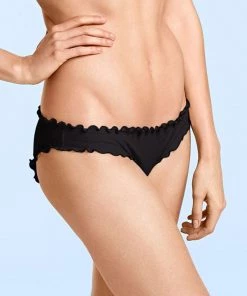 Trendy & Unique Sweet Solid Color High Cut Ruched Ruffle Trim Bikini Scrunch Bottom - Black What's New