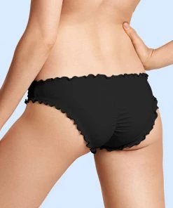 Trendy & Unique Sweet Solid Color High Cut Ruched Ruffle Trim Bikini Scrunch Bottom - Black What's New