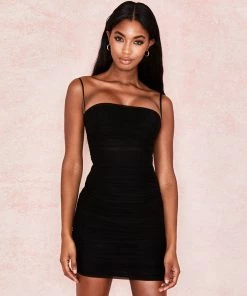 Trendy & Unique Sweet Spaghetti Strap Square Neck Mesh Party Mini Dress - Black What's New