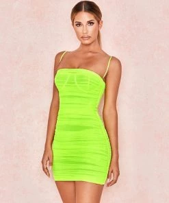 Trendy & Unique Sweet Spaghetti Strap Square Neck Mesh Party Mini Dress - Neon Green